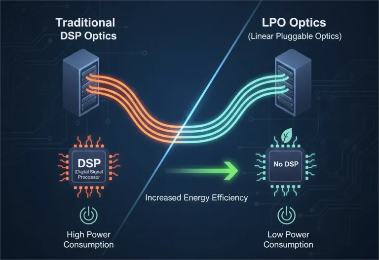 An infographic comparing "Traditional DSP Optics" and "LPO Optics (Linear Pluggable Optics)" in a data center context, emphasizing energy efficiency. The left side, representing Traditional DSP Optics, shows server racks connected to a chip labeled "DSP (Digital Signal Processor)" via orange glowing lines, indicating "High Power Consumption" with a power icon. The right side, representing LPO Optics, shows server racks connected to a chip labeled "No DSP" (with a leaf icon) via teal glowing lines, indicating "Low Power Consumption" with a power icon. A green arrow in the center points from left to right, labeled "Increased Energy Efficiency." The background is a dark circuit board pattern.