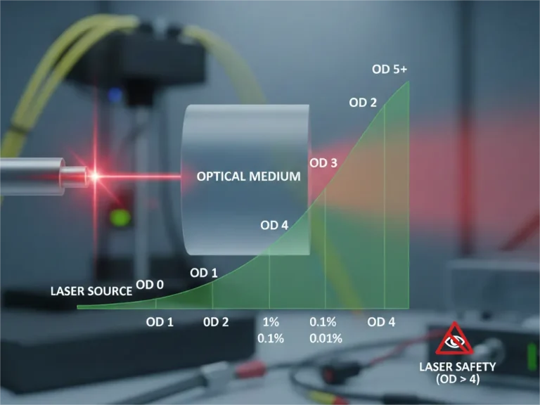 Infographic showing a red laser beam passing through an optical medium, illustrating how optical density (OD) measures the reduction of light intensity, with a green curve charting OD levels from 0 to 5+ and a warning symbol for laser safety at OD > 4.