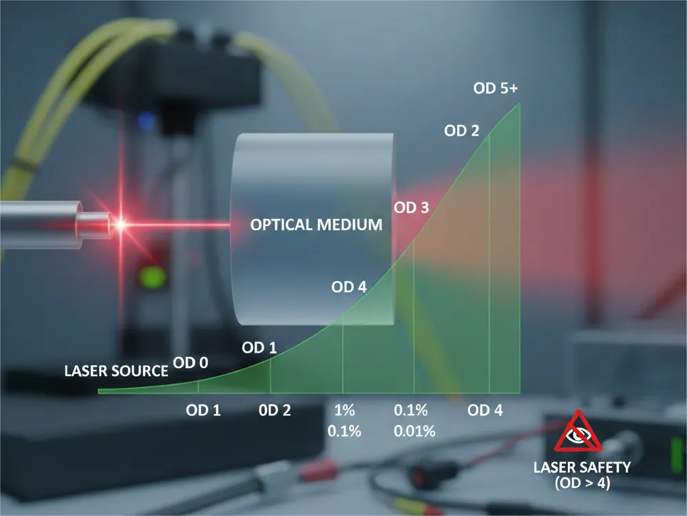 Infographic showing a red laser beam passing through an optical medium, illustrating how optical density (OD) measures the reduction of light intensity, with a green curve charting OD levels from 0 to 5+ and a warning symbol for laser safety at OD > 4.