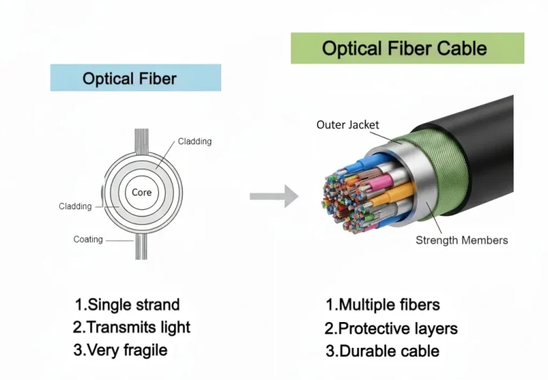 Infographic comparing an 'Optical Fiber' (single strand with core, cladding, and coating) and an 'Optical Fiber Cable' (multiple fibers protected by strength members and an outer jacket), listing key differences like fragility versus durability.