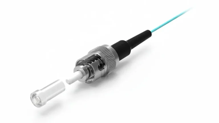 A single blue fiber optic patch cable with a silver ST connector and a clear protective cap, against a pure white background.