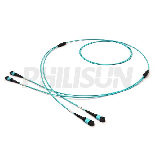 MPO Breakout Cable, 2 x MPO-12 PC/APC(Female/Male) to 2 x MPO-12 PC/APC(Female/Male), 24 Fibers, Multimode(OM3),0.35dB Max, Aqua