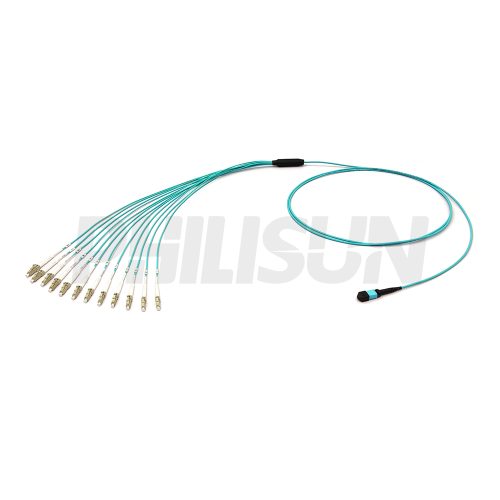 1MPO Harnesses MPO-12LC-OM3 MPO Harness Cable, MPO-12 PC/APC(Female/Male) to LC PC/APC, 12 Fibers, Multimode(OM3), 0.35dB Max, Type A/AF/B/U, Aqua