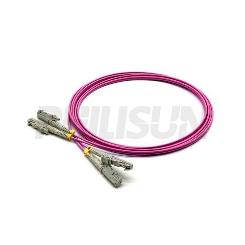 Fiber Optic Patch Cable, 2 Fibers, E2000 UPC Duplex to E2000 UPC Duplex, OM4 Multimode, Aqua/Violet