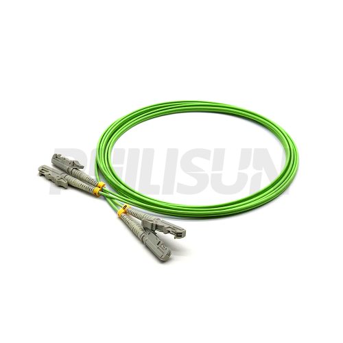 Fiber Optic Patch Cable, 2 Fibers, E2000 UPC Duplex to E2000 UPC Duplex, OM5 Multimode, Lime Green