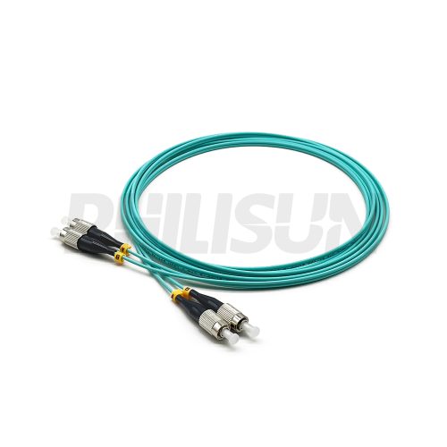 Fiber Optic Patch Cable, 2 Fibers, FC UPC Duplex to FC UPC Duplex, OM3 Multimode, Aqua