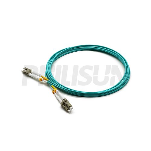 Fiber Optic Patch Cable, 2 Fibers, LC UPC Duplex to LC UPC Duplex, OM3 Multimode, Aqua