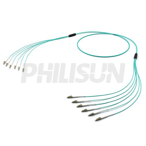 LC UPC to LC UPC, OM3 Multimode, Customized Multifiber Indoor Pre-Terminated Breakout Cable, Aqua