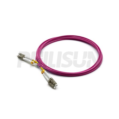 Fiber Optic Patch Cable, 2 Fibers, LC UPC Duplex to LC UPC Duplex, OM4 Multimode, Aqua/Violet