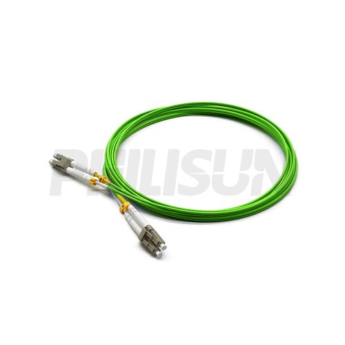 Fiber Optic Patch Cable, 2 Fibers, LC UPC Duplex to LC UPC Duplex, OM5 Multimode, Lime Green