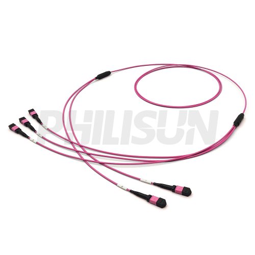 MPO Breakout Cable, 2 x MPO-12 PC/APC(Female/Male) to 3 x MPO-8 PC/APC(Female/Male), 24 Fibers, Multimode(OM4),0.35dB Max, Aqua/Violet