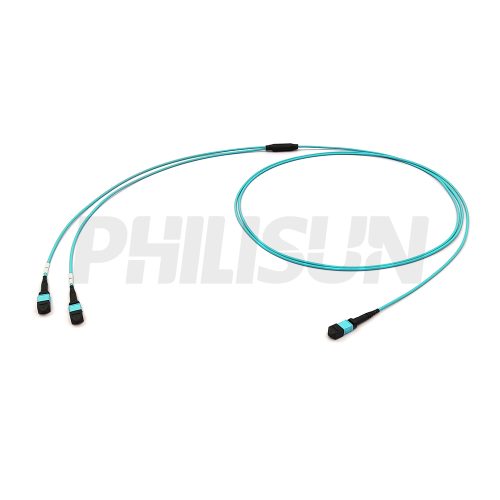 MPO Breakouts MPO-2MPO OM3-1 MPO Breakout Cable, MPO-8 PC/APC(Female/Male) to 2 x MPO-4 PC/APC(Female/Male), 8 Fibers, Multimode(OM3),0.35dB Max, Aqua
