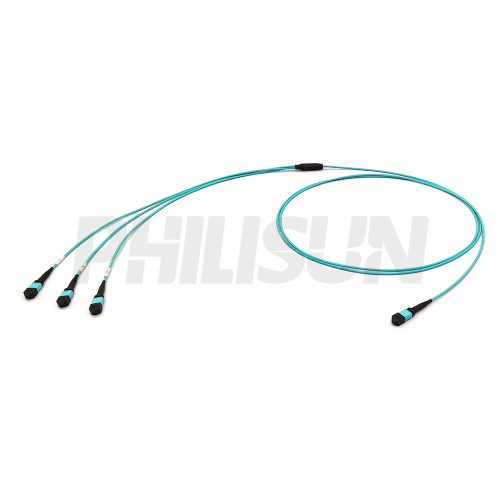 MPO Breakout Cable, MPO-24 PC/APC(Female/Male) to 3 x MPO-8 PC/APC(Female/Male), 24 Fibers, Multimode(OM3),0.35dB Max, Aqua