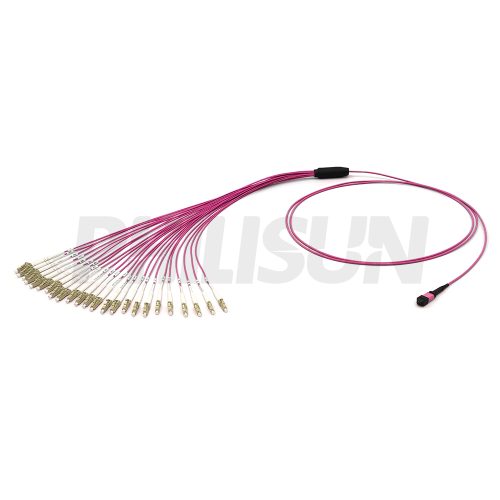 MPO Harnesses MPO-24LC-OM4-1 MPO Harness Cable, MPO-24 PC/APC(Female/Male) to LC PC/APC, 24 Fibers, Multimode(OM4), 0.35dB Max, Type A/B/C/U, Aqua/Violet