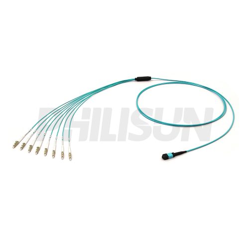 MPO Harnesses MPO-8LC-OM3-1 MPO Harness Cable, MPO-8 PC/APC(Female/Male) to LC PC/APC, 8 Fibers, Multimode(OM3), 0.35dB Max, Type A/AF/B/U, Aqua