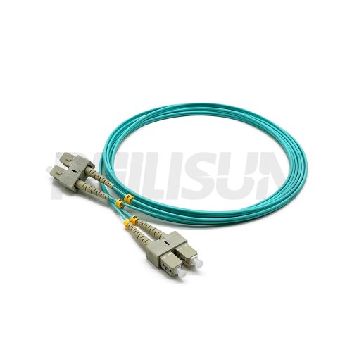 Fiber Optic Patch Cable, 2 Fibers, SC UPC Duplex to SC UPC Duplex, OM3 Multimode, Aqua