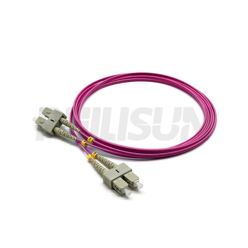 Fiber Optic Patch Cable, 2 Fibers, SC UPC Duplex to SC UPC Duplex, OM4 Multimode, Aqua/Violet
