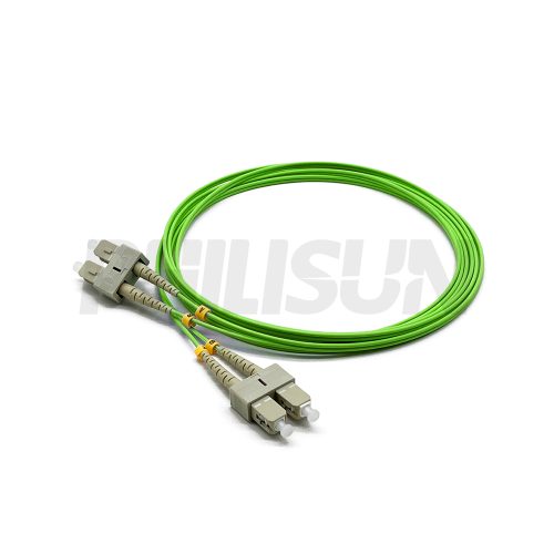 Fiber Optic Patch Cable, 2 Fibers, SC UPC Duplex to SC UPC Duplex, OM5 Multimode, Lime Green