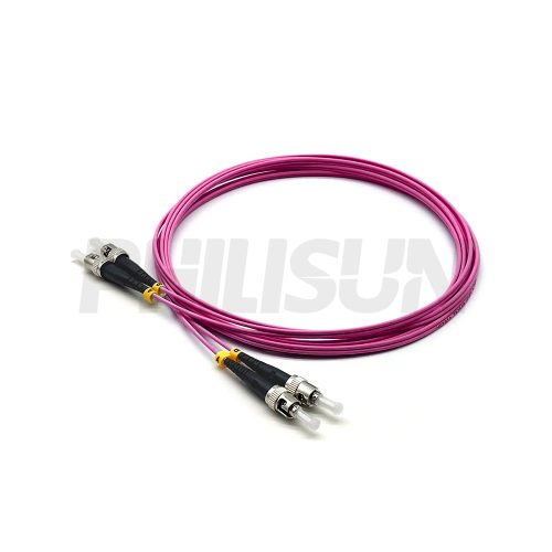 Fiber Optic Patch Cable, 2 Fibers, ST UPC Duplex to ST UPC Duplex, OM4 Multimode, Aqua/Violet