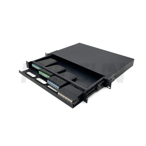 MPO 1U Rack Mount Fiber Patch Panel with 4 Plastic Cassettes(8pcs of 12 Fibers MPO to LC Fiber Patch Cord), 96 Fibers, Sliding Type