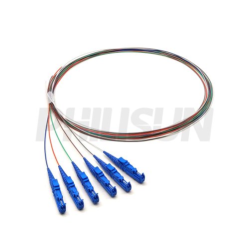 6 Fiber Pigtail, E2000 UPC/APC to Unterminated, Singlemode/Multimode, 0.9mm, Blue/Green/Beige