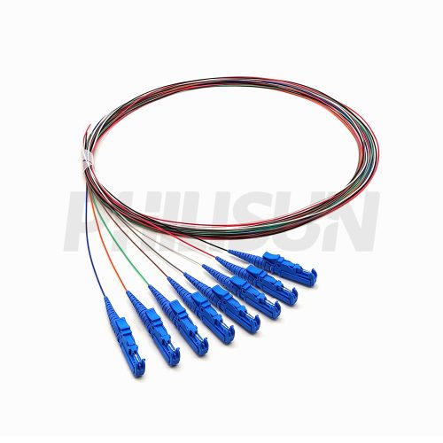 8 Fiber Pigtail, E2000 UPC/APC to Unterminated, Singlemode/Multimode, 0.9mm, Blue/Green/Beige