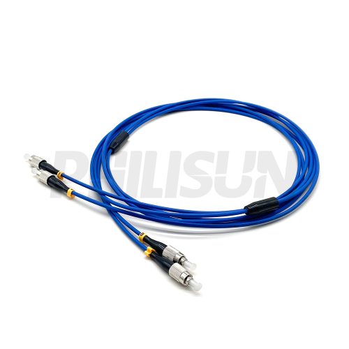 Duplex Single Tube Armored Fiber Patch Cable, 2 Fibers, FC UPC/APC Duplex to FC UPC/APC Duplex, Singlemode/Multimode