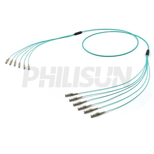E2000 UPC to E2000 UPC, OM3 Multimode, Customized Multifiber Indoor Pre-Terminated Breakout Cable, Aqua