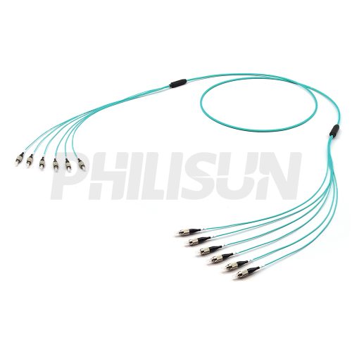 FC UPC to FC UPC, OM3 Multimode, Customized Multifiber Indoor Pre-Terminated Breakout Cable, Aqua