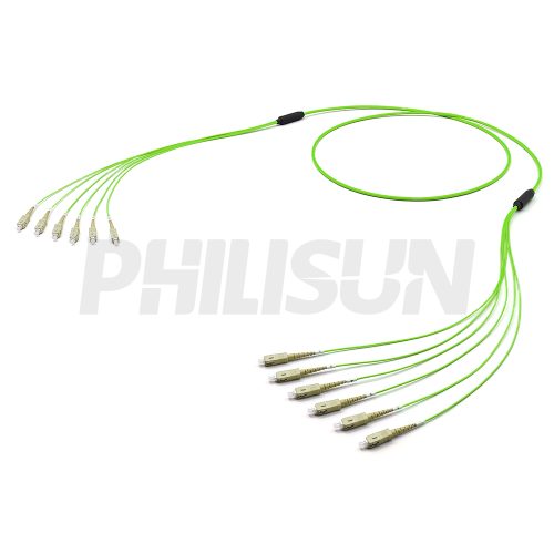 SC UPC to SC UPC, OM5 Multimode, Customized Multifiber Indoor Pre-Terminated Breakout Cable, Lime Green