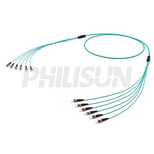 ST UPC to ST UPC, OM3 Multimode, Customized Multifiber Indoor Pre-Terminated Breakout Cable, Aqua