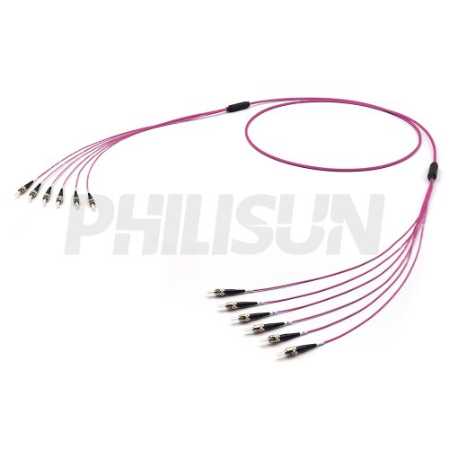 ST UPC to ST UPC, OM4 Multimode, Customized Multifiber Indoor Pre-Terminated Breakout Cable, Aqua/Violet