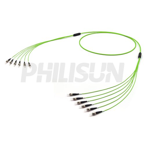 ST UPC to ST UPC, OM5 Multimode, Customized Multifiber Indoor Pre-Terminated Breakout Cable, Lime Green